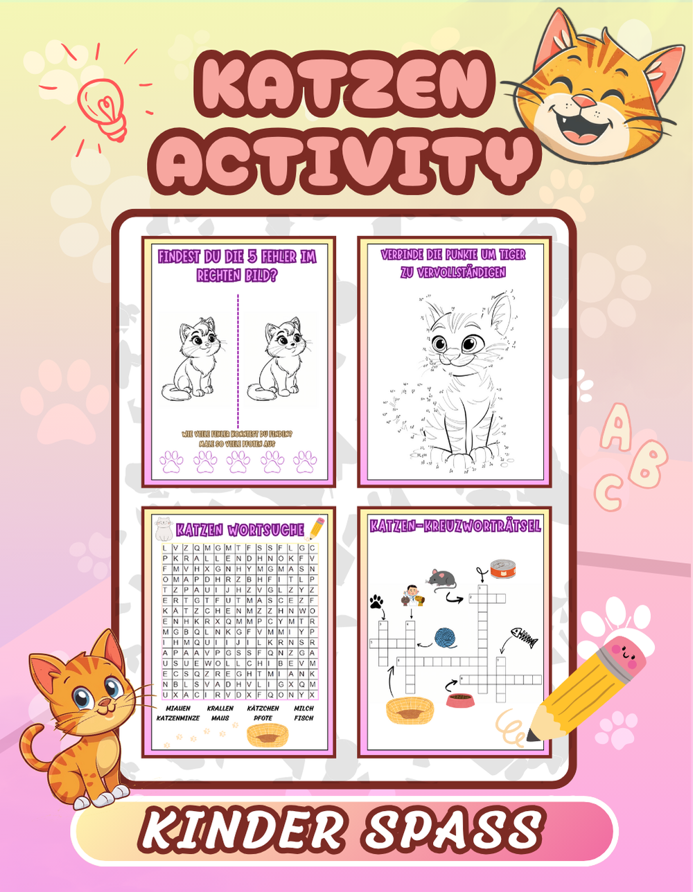 Kinder Beschäftigungsbuch: Katzen Activity Buch - Ein Katzen Rätselbuch für Kinder mit 80 Rätseln wie : Kreuzworträtsel + Wörtersuche + Finde den Fehler ... | Für Kindergarten- & Grundschul-Kinder