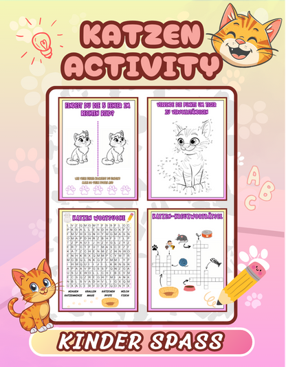 Kinder Beschäftigungsbuch: Katzen Activity Buch - Ein Katzen Rätselbuch für Kinder mit 80 Rätseln wie : Kreuzworträtsel + Wörtersuche + Finde den Fehler ... | Für Kindergarten- & Grundschul-Kinder