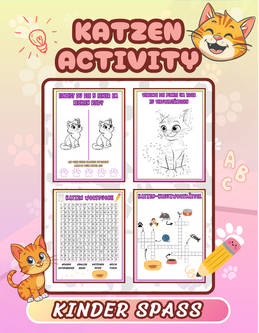 Kinder Beschäftigungsbuch: Katzen Activity Buch - Ein Katzen Rätselbuch für Kinder mit 80 Rätseln wie : Kreuzworträtsel + Wörtersuche + Finde den Fehler ... | Für Kindergarten- & Grundschul-Kinder