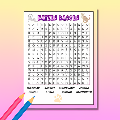 Kinder Beschäftigungsbuch: Katzen Activity Buch - Ein Katzen Rätselbuch für Kinder mit 80 Rätseln wie : Kreuzworträtsel + Wörtersuche + Finde den Fehler ... | Für Kindergarten- & Grundschul-Kinder